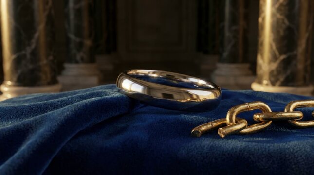 High-end 3D concept of a pristine platinum ring beside a broken heavy gold chain on luxury blue velvet cushion, representing financial freedom, breaking golden handcuffs, and wealth asset separation