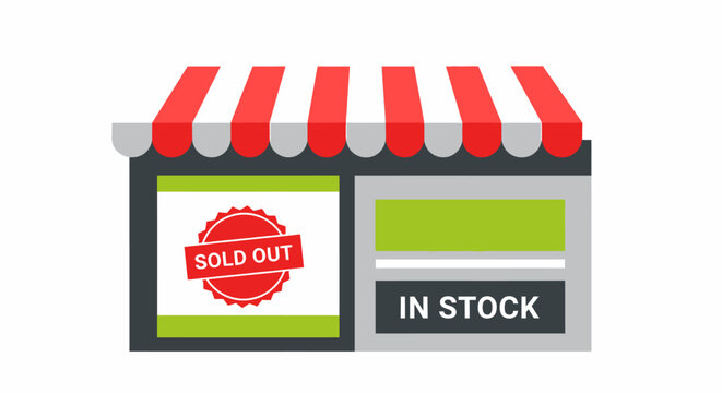 Retail Storefront Vector Illustration with Sold Out and In Stock Signs for Inventory Management and E-commerce Availability Concepts