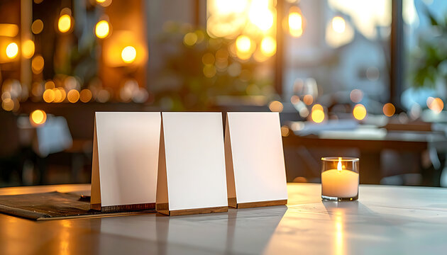 Table setting with three blank menu holders and a lit candle in a cozy restaurant at sunset, warm lighting, bokeh background, perfect for event planning or restaurant promotion