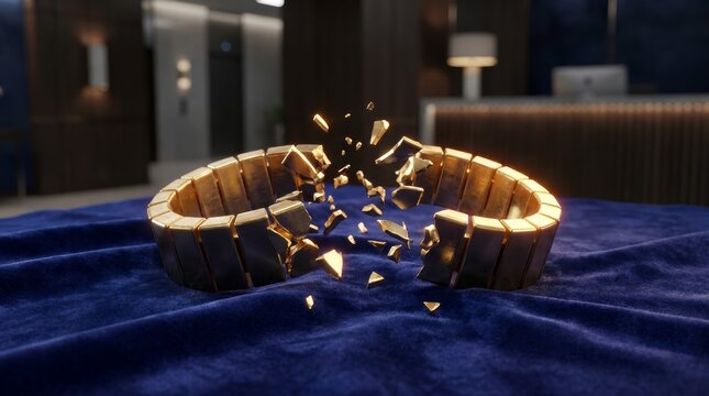 High-end 3D concept of a pristine platinum ring beside a broken heavy gold chain on luxury blue velvet cushion, representing financial freedom, breaking golden handcuffs, and wealth asset separation
