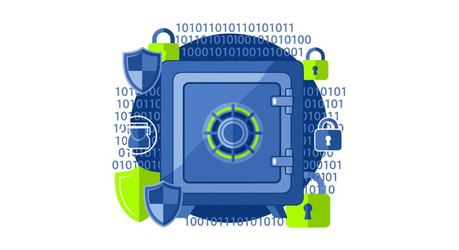 Cyber Security and Digital Data Protection Concept with Metal Bank Safe Vault, Padlocks, and Binary Code Illustration