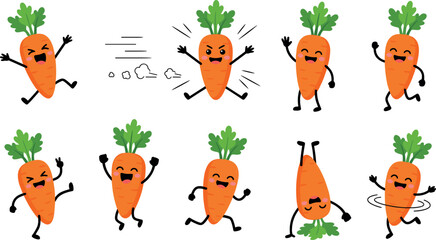Cute Kawaii Carrot Character Vector Illustration Set Featuring Funny Happy Animated Vegetable Mascots in Dynamic Jumping Running and Handstand Poses for Kids Graphics