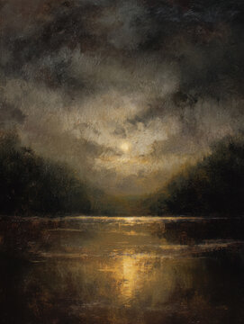 Atmospheric Moonlight over Still Lake, Oil Painting with Dark Clouds.