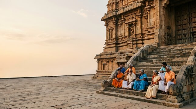 Seniors in traditional attire sitting on ancient temple steps