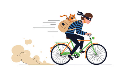 Naklejka premium Illustration of a masked thief riding a bicycle quickly while carrying a frightened orange cat in a tan backpack.