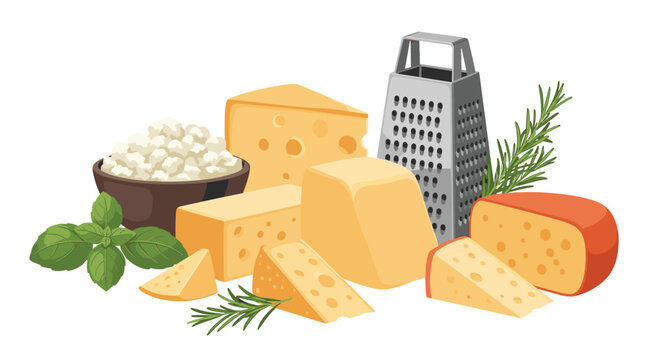Various types of delicious cheese blocks and wedges arranged with a metal grater, fresh basil, and rosemary sprigs.