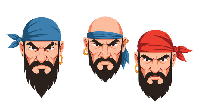 Collection of three fierce male pirate faces with thick black beards wearing blue and red bandanas and gold earrings.