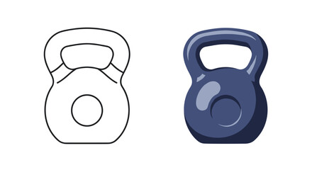 Fototapeta premium Comparison of a heavy kettlebell weight used for fitness training shown in both a simple line drawing and a solid blue colored illustration.
