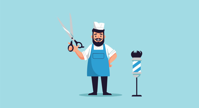 Friendly male barber with a beard and mustache holding a pair of large silver scissors next to a classic striped barber pole illustration.
