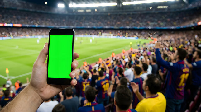 Hand holding smartphone with green screen in crowded soccer stadium with excited fans cheering in background