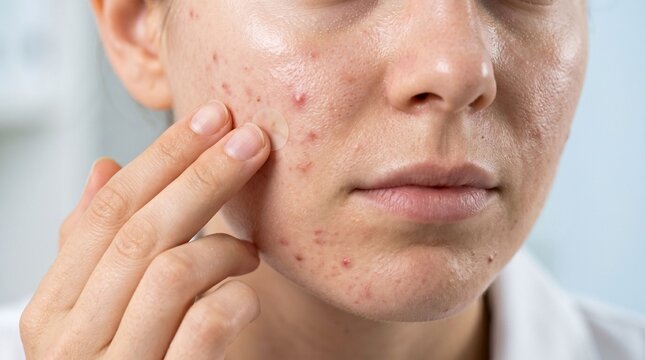 Young woman applying hydrocolloid patch on acne spot on cheek