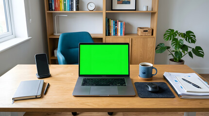 Naklejka premium A wellorganized home office desk with a laptop, phone, and office supplies on a wooden desk in a room with a bookshelf and plant