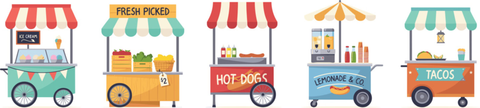 Summer street food cart vector set with ice cream cart farmers kiosk and hot dog stand isolated on white background
