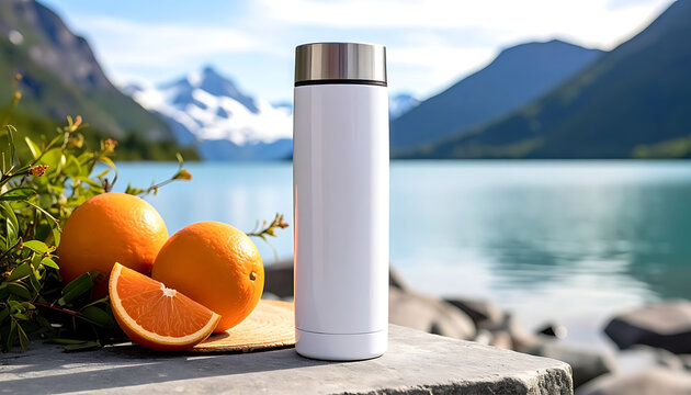 Sleek white thermos bottle with fresh oranges sits on stone ledge overlooking tranquil lake and snow-capped mountains, outdoor adventure, healthy hydration