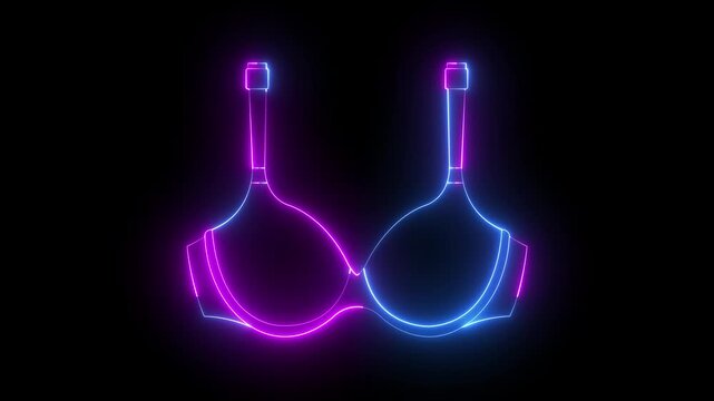 Glowing neon Bra icon isolated on black background. Lingerie symbol. fashion Ideal for apparel designs clothing themes fashion branding bra promotions. 4K Video animation.
