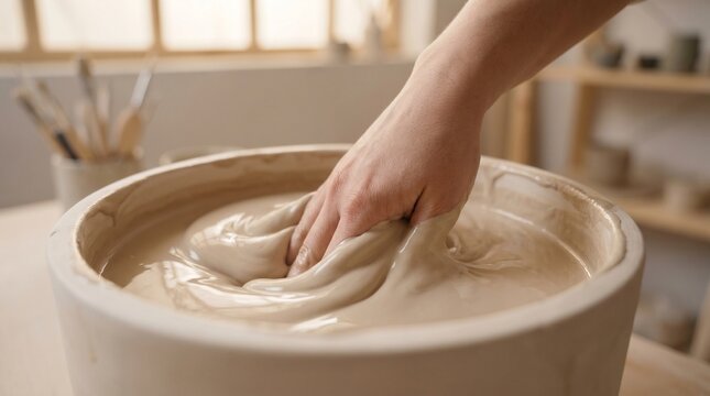 Close up of a person's hand mixing thick liquid ceramic clay slip inside a large bowl at a pottery studio workspace.