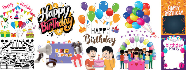 Naklejka premium Happy Birthday Celebration Bundle with Party Icons Balloons Typography Posters and Family Characters Vector Set