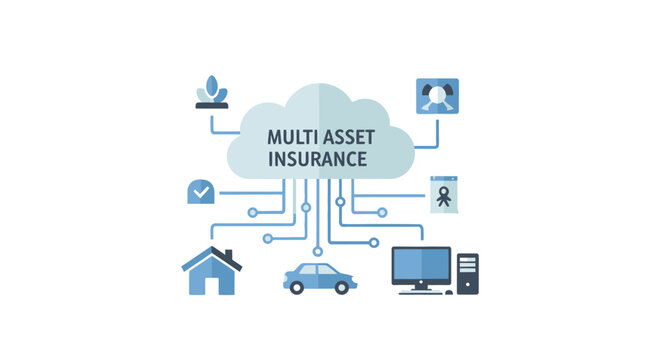 Multi Asset Insurance Concept Illustration with Cloud Technology, Home, Auto, and Digital Asset Icons for Comprehensive Financial Protection and Risk Management Services