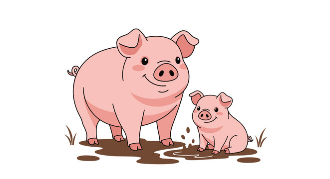 Cute pink adult pig standing next to a smaller piglet in a patch of mud against a clean white background.