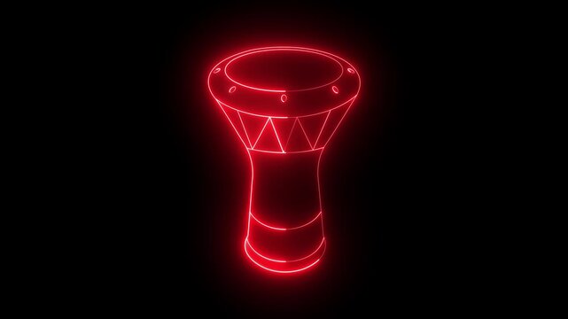 Glowing neon darbuka icon isolated on black background. Musical instrument. showcasing a minimalist outline of a traditional ethnic percussion musical instrument. 4k video animation.