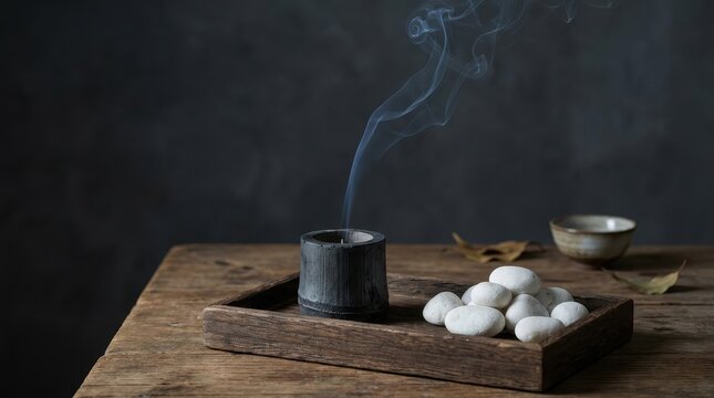 Elegant bamboo charcoal incense holder releasing a thin wisp of smoke next to white stones on a wooden tray