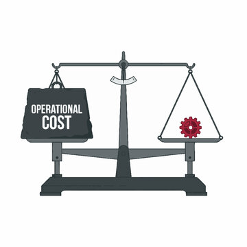 Business scale showing heavy operational cost weight unbalanced against a small gear representing production efficiency.