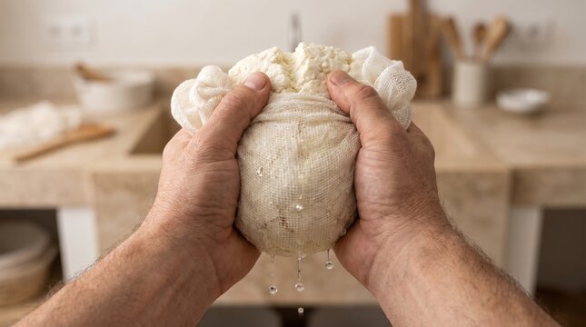 Hands of a person squeezing fresh homemade cheese curd in a cheesecloth to drain whey in a kitchen
