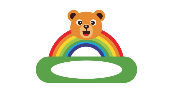 Adorable teddy bear face peering over a bright colorful rainbow that sits on top of a green rounded shape.