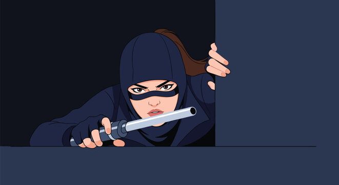 Stealthy female ninja dressed in a dark outfit and mask peeking from a corner while holding a silver baton.
