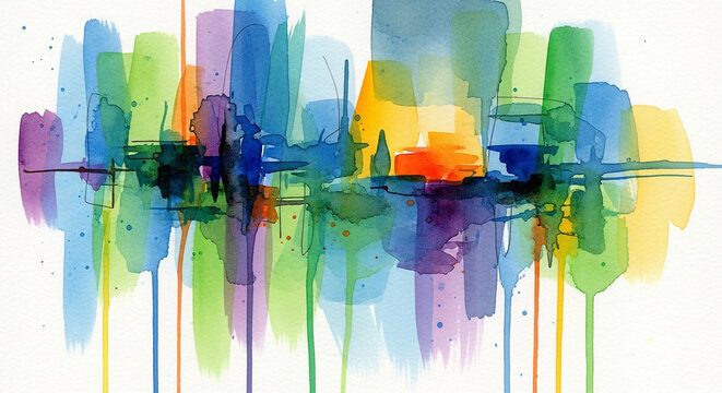 Abstract watercolor cityscape skyline with paint drips and colorful brush strokes architecture watercolor abstract painting colorful