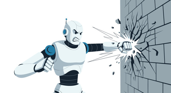 Powerful white robot punches through a solid gray brick wall with immense strength leaving cracks and flying debris everywhere.