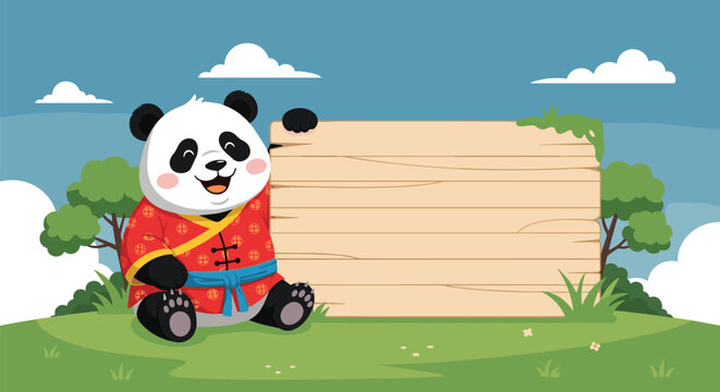 Happy panda wearing a traditional red Chinese jacket sits in a grassy field next to a large blank wooden sign for messages.