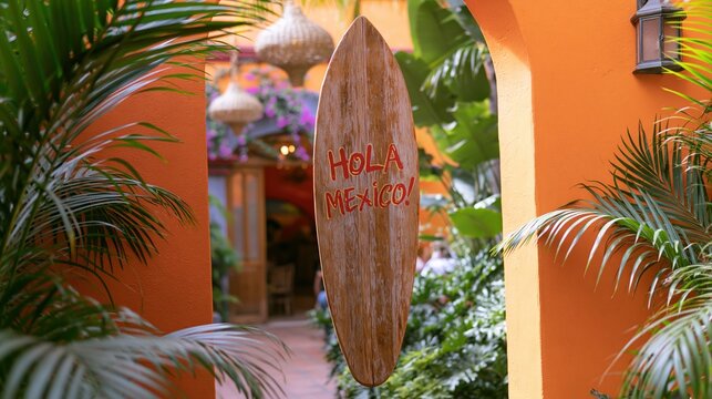 Hola Mexico surfboard sign in tropical courtyard