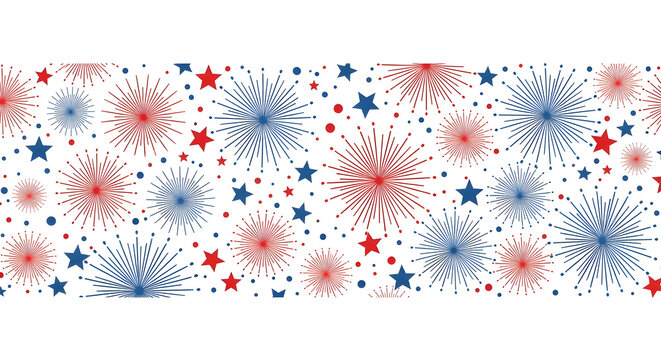 Patriotic seamless pattern with red and blue fireworks and stars isolated on white background