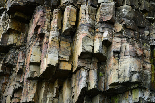 Esker Geological Formation displays densely stacked, vertical columns of fractured rock showing rustic shades of tan, brown, and grey from ancient glacial deposits