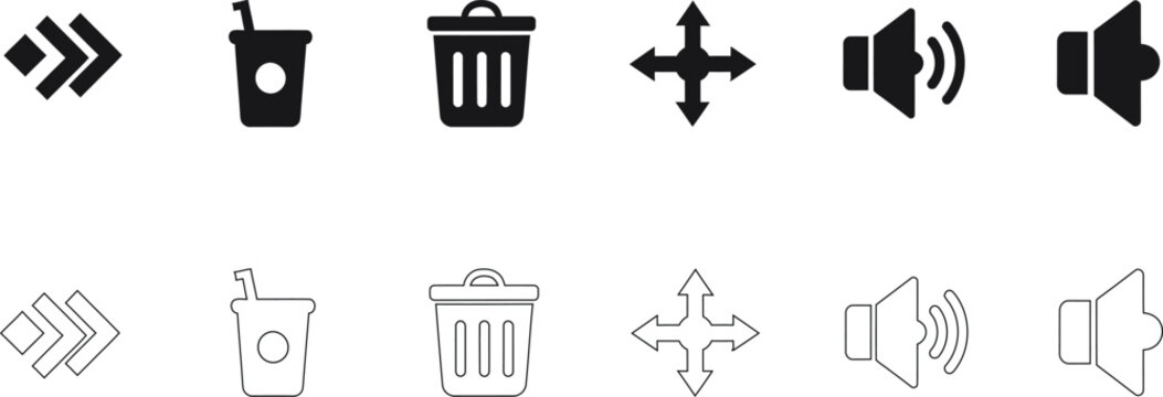 Interface icons set fast forward drink trash arrows volume control