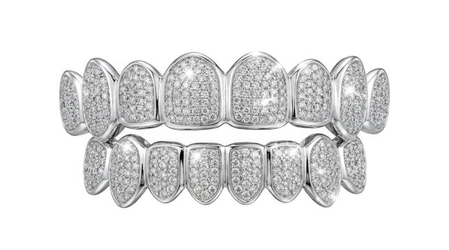 Sparkling diamond dental grills with intricate pave setting on white background