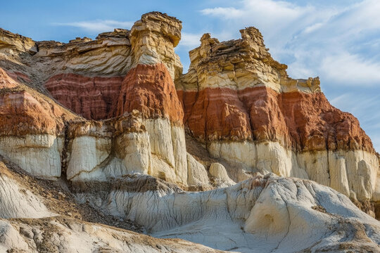 Guyot Geological Formation showcases striking banded cliffs with deep orange, pink, and white sediment layers eroded into rugged pillars under a partly cloudy sky