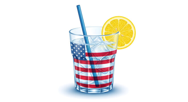 Glass of lemonade with american flag pattern and lemon slice isolated on white background