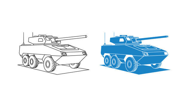 Blue military armored combat vehicle icon set featuring tank silhouette in line art and flat fill styles for defense industry and war strategy gaming graphics