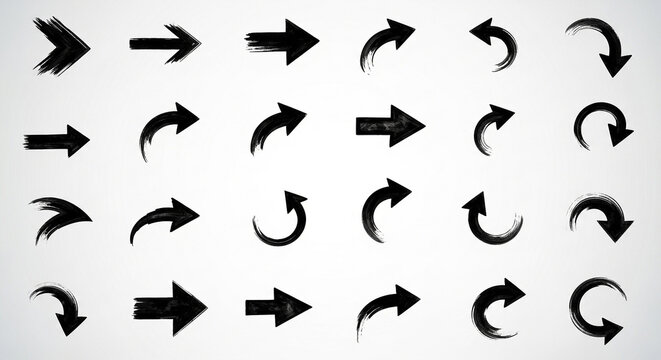 Collection of black grunge ink brush stroke arrows in various directions isolated on light background with direction collection navigation
