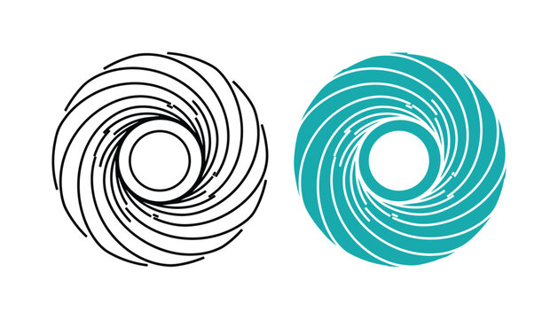 Spiral vortex geometric icon set featuring black line art and teal flat design for abstract technology and motion graphics branding elements