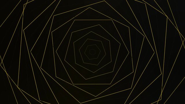 Abstract geometric pattern of golden concentric hexagons spiraling inwards on a dark background, creating a sense of depth and movement.