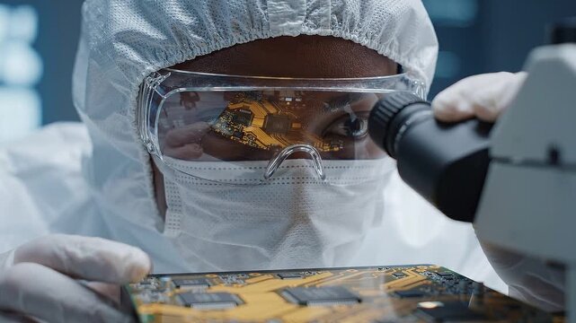 Close-up of IT scientist in a sterile suit inspecting a golden circuit board under a microscope, reflection in goggles. Soft cleanroom lighting. Conceptual generative AI artwork.