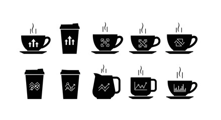 Fototapeta premium Business coffee cup icons set with growth charts data analysis professional analytics strategy beverage symbols for corporate presentations and office work