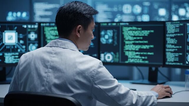 IT engineer working at a workstation with multiple monitors, back view. Shallow depth of field, blurred glowing screens, smooth computer mouse movement