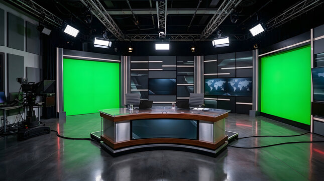 Professional television studio with green screens and news desk setup for broadcasting