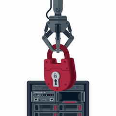 Naklejka premium Robotic claw holding a red padlock over a computer server rack representing data security and cyber protection.