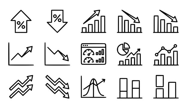 Financial data analysis icons line graphs bar charts and percentage symbols