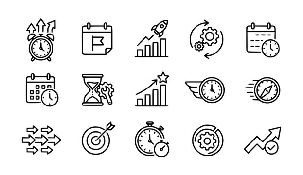 Time management and productivity line icons set
